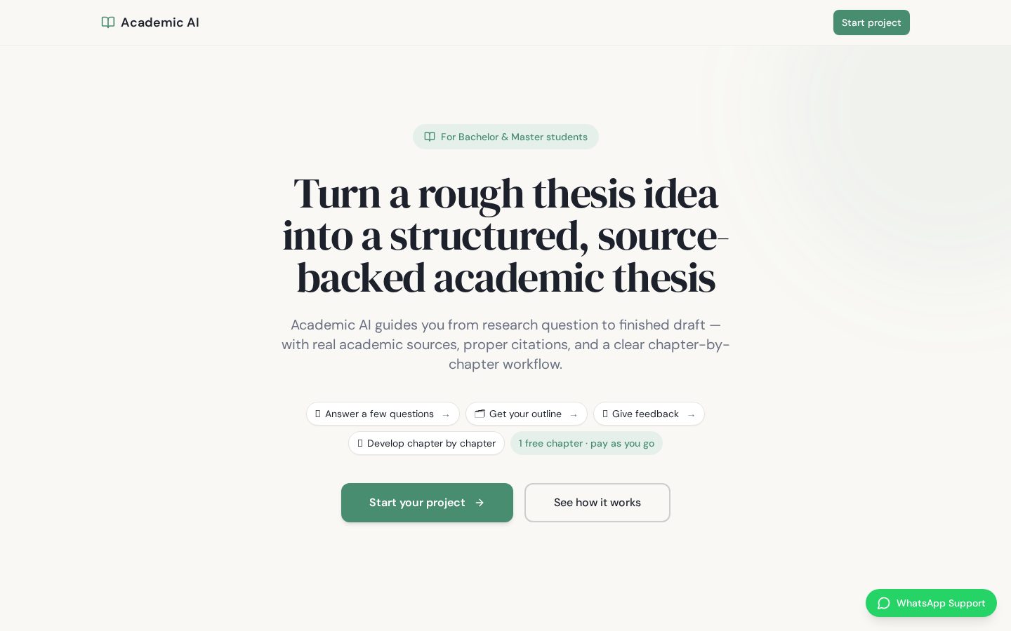 AcademicAI homepage: turn a rough thesis idea into a structured, source-backed academic thesis