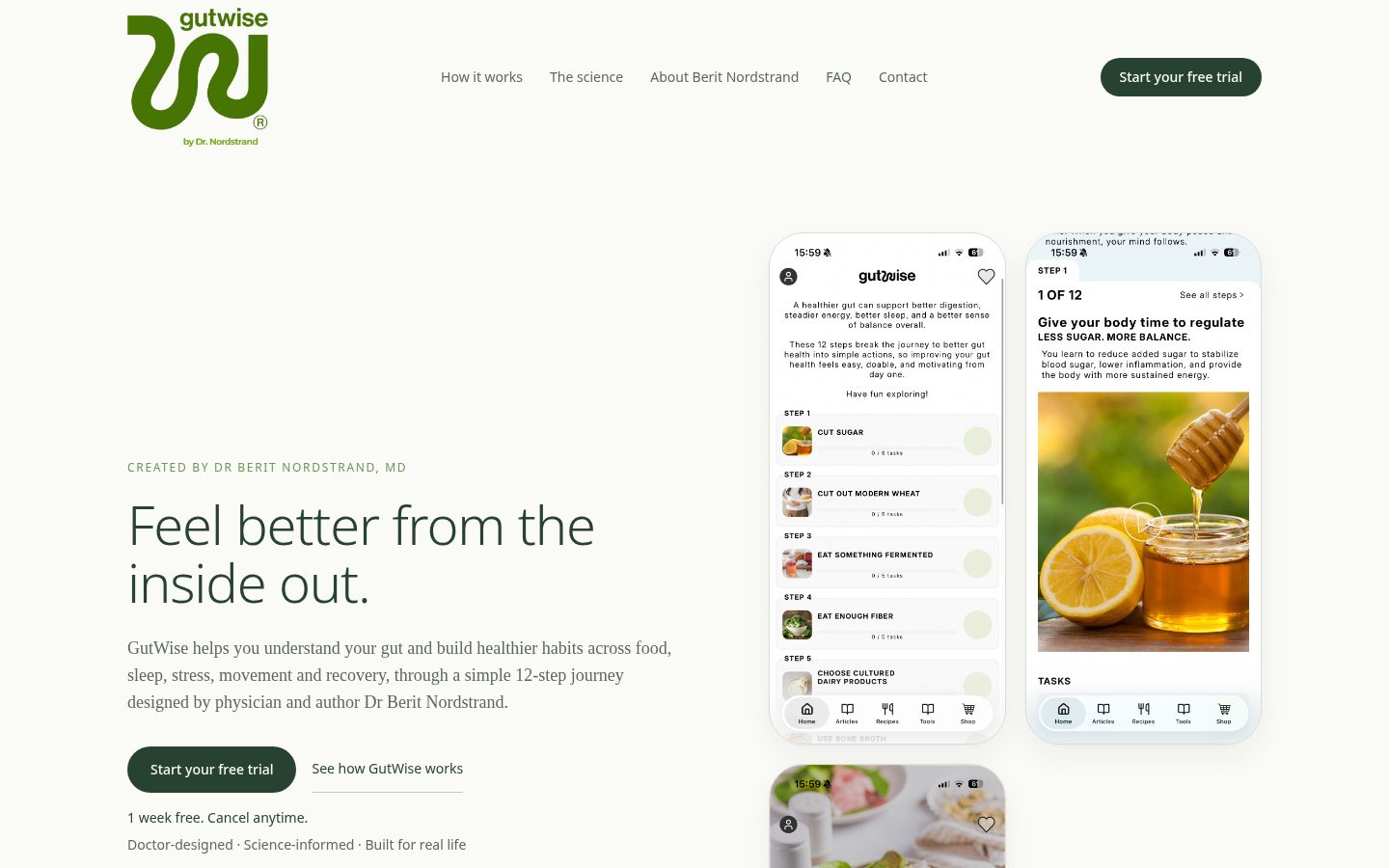 GutWise homepage with the headline Feel better from the inside out and phone mockups of the app
