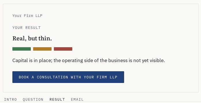 White-label preview of the Reality Check result under a law firm's name, with a consultation button