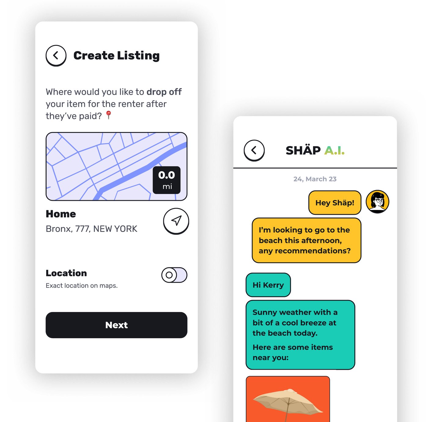 SHÄP listing screen with the AI assistant suggesting items nearby