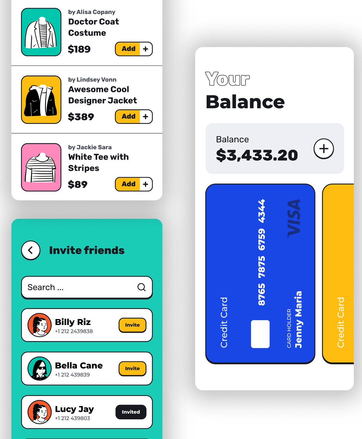 SHÄP marketplace, invite-friends and wallet screens